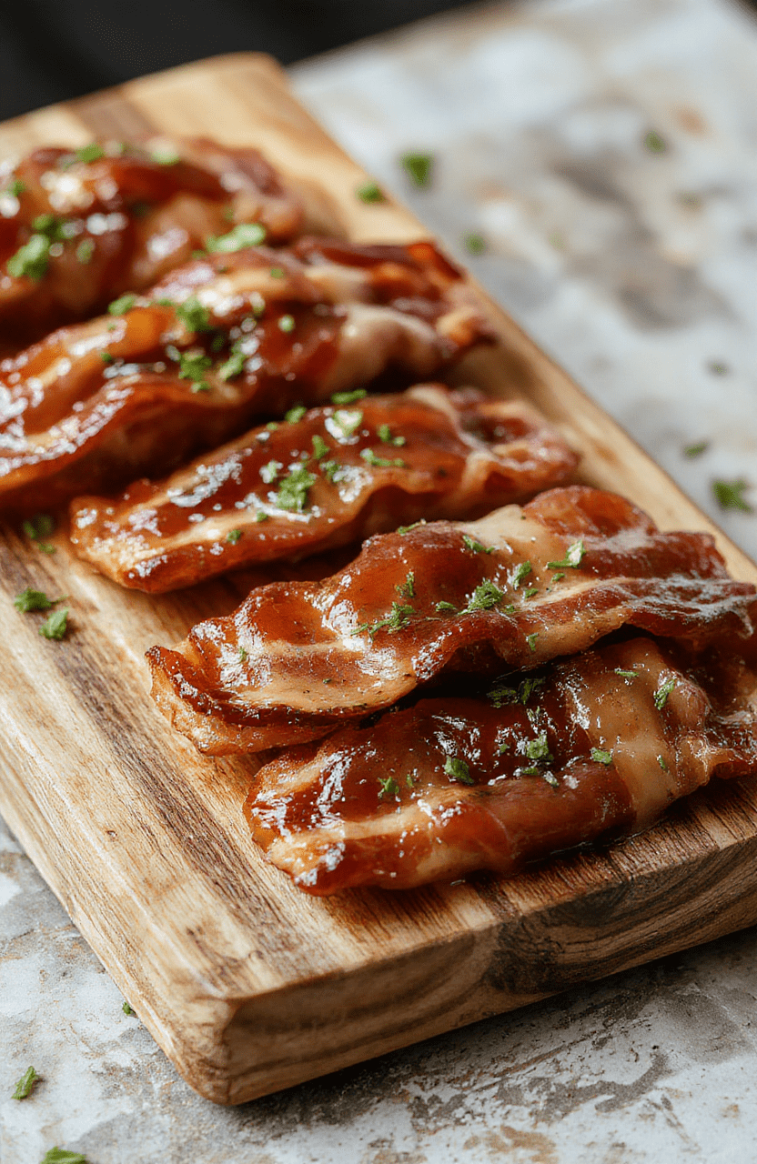 Glossy, caramel-brown sweet bacon smokies arranged on a white ceramic platter, each smokie glistening with sticky maple glaze, crispy bacon ends curled attractively, garnished with fresh thyme sprigs and coarse sea salt flakes on a rustic wooden board, soft natural light highlights the caramelized exterior and juicy interior.