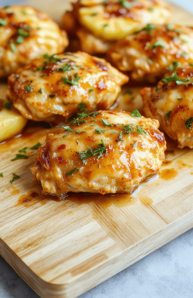 Golden-brown crispy pineapple chicken pieces served in a rustic ceramic bowl, garnished with fresh pineapple chunks, sliced green onions, and sesame seeds, against a light wooden board background, with soft natural daylight and shallow depth of field.