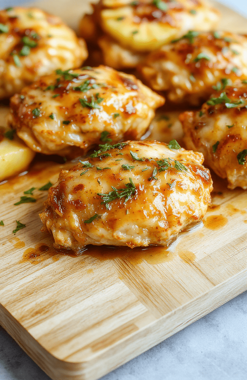Golden-brown crispy pineapple chicken pieces served in a rustic ceramic bowl, garnished with fresh pineapple chunks, sliced green onions, and sesame seeds, against a light wooden board background, with soft natural daylight and shallow depth of field.