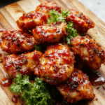Golden-brown honey pepper chicken pieces glistening with sticky sweet-spicy glaze, served on a white ceramic plate with chopped green onions and sesame seeds, surrounded by steamed broccoli and carrots.