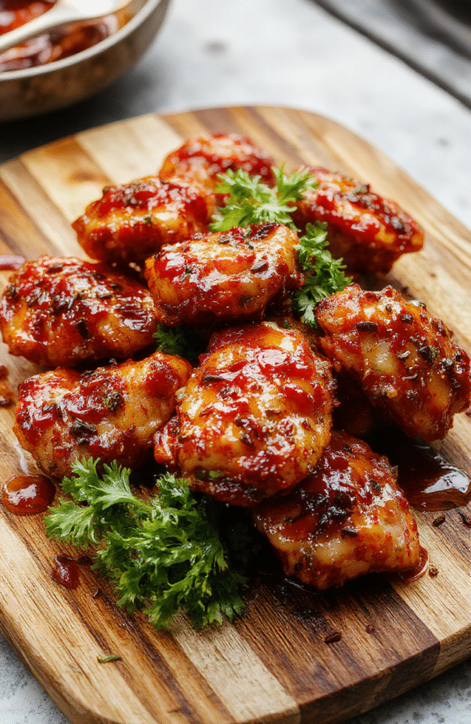 Golden-brown honey pepper chicken pieces glistening with sticky sweet-spicy glaze, served on a white ceramic plate with chopped green onions and sesame seeds, surrounded by steamed broccoli and carrots.