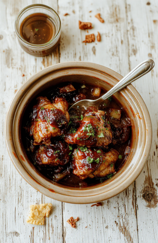 Glossy, caramel-colored bourbon chicken pieces glistening with sticky glaze, nestled over fluffy white rice, garnished with sliced green onions and sesame seeds, served in a rustic ceramic bowl against a warm wooden table with soft natural light