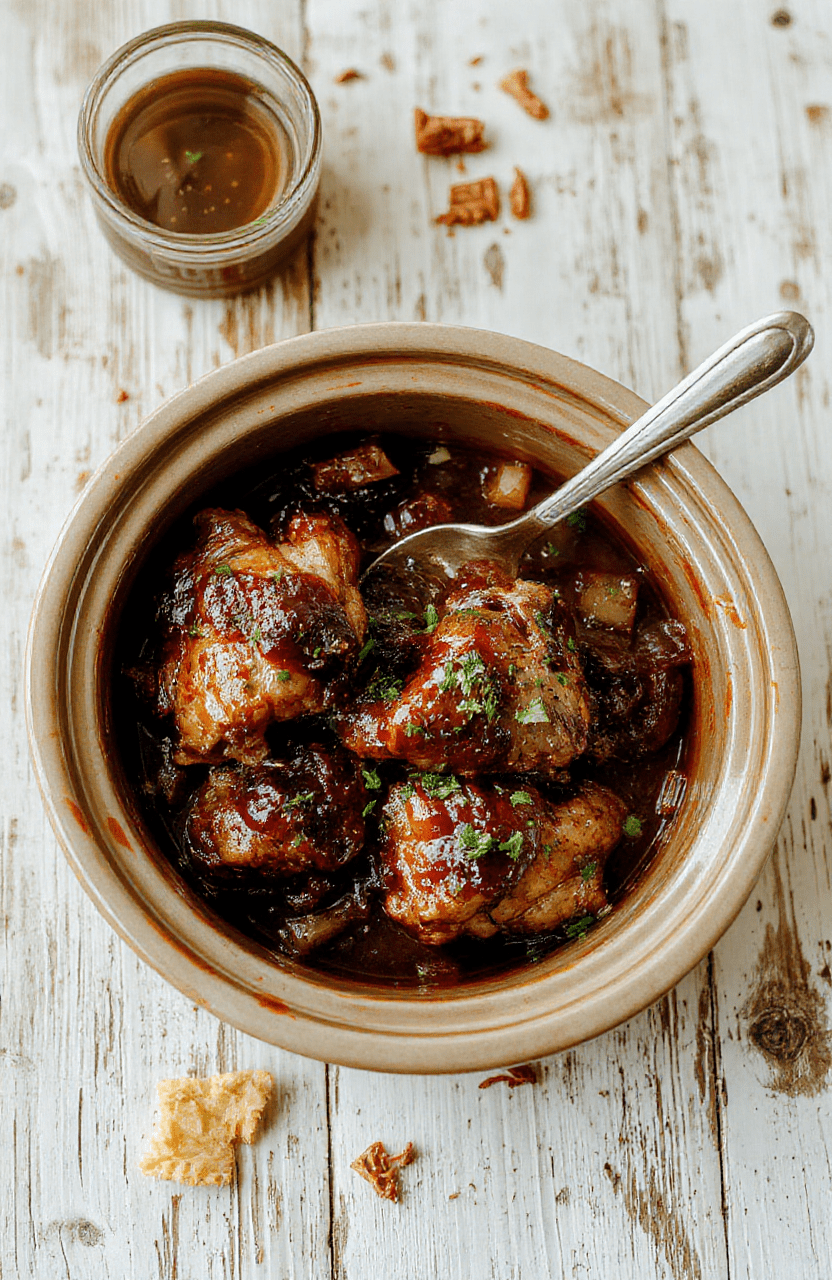 Glossy, caramel-colored bourbon chicken pieces glistening with sticky glaze, nestled over fluffy white rice, garnished with sliced green onions and sesame seeds, served in a rustic ceramic bowl against a warm wooden table with soft natural light
