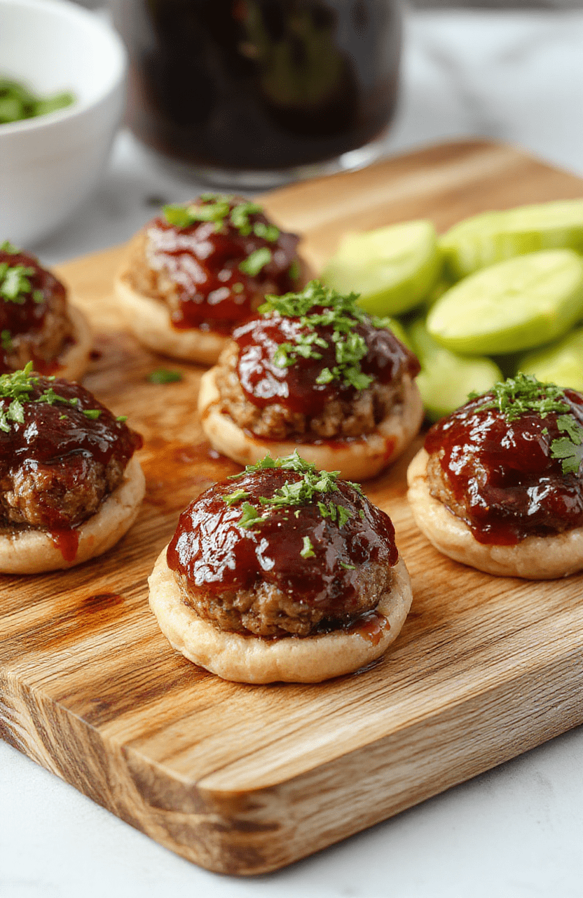 Glossy ruby-red grape jelly meatballs glistening with sticky glaze, arranged in a rustic ceramic bowl beside a wooden spoon, with tiny meatballs showing seared exteriors and soft centers, garnished with chopped fresh parsley and a few whole berries scattered around on a light oak cutting board.