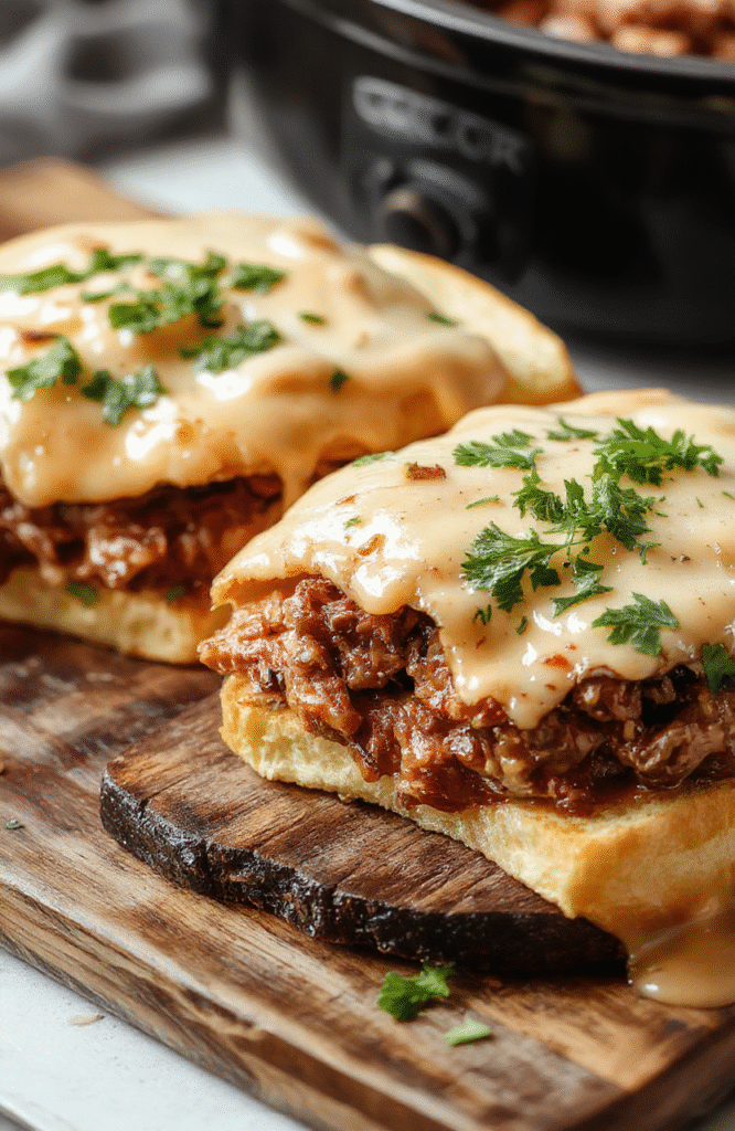 Juicy, thick-sliced roast beef stacked high on a toasted French roll, nestled in a rustic wooden board with melted Swiss cheese oozing over the edges, a side of warm au jus in a ceramic ramekin, and a few pickles and caramelized onions scattered around. Soft natural light highlights the glistening meat and crusty bread.