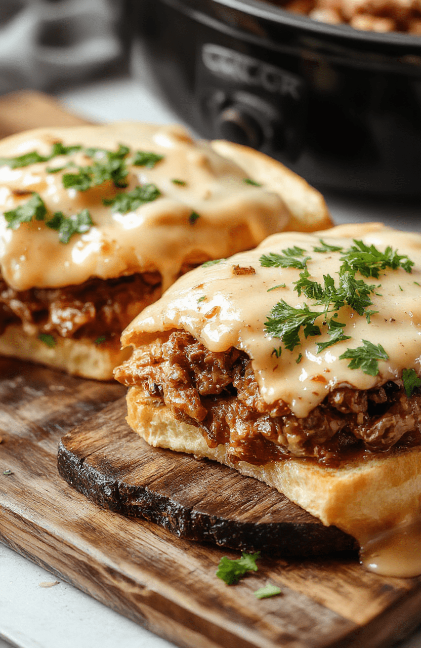 Juicy, thick-sliced roast beef stacked high on a toasted French roll, nestled in a rustic wooden board with melted Swiss cheese oozing over the edges, a side of warm au jus in a ceramic ramekin, and a few pickles and caramelized onions scattered around. Soft natural light highlights the glistening meat and crusty bread.