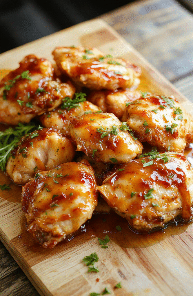 Golden-brownpan-seared chicken breasts drizzled with glossy honey butter sauce, garnished with fresh parsley and toasted sesame seeds, served on a rustic wooden board with roasted garlic cloves and lemon wedges on the side.