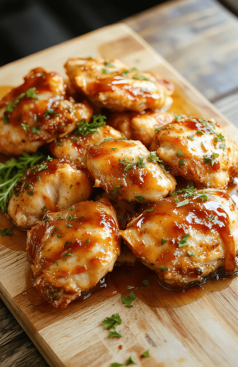 Golden-brownpan-seared chicken breasts drizzled with glossy honey butter sauce, garnished with fresh parsley and toasted sesame seeds, served on a rustic wooden board with roasted garlic cloves and lemon wedges on the side.