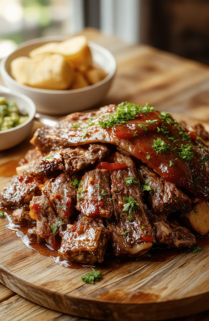 A rustic ceramic slow cooker with a golden-brown beef roast glistening with a cheesy, savory gravy, topped with melted pepper jack cheese and tender onions, served with halved red potatoes and green beans beside it on a wooden cutting board under soft natural light