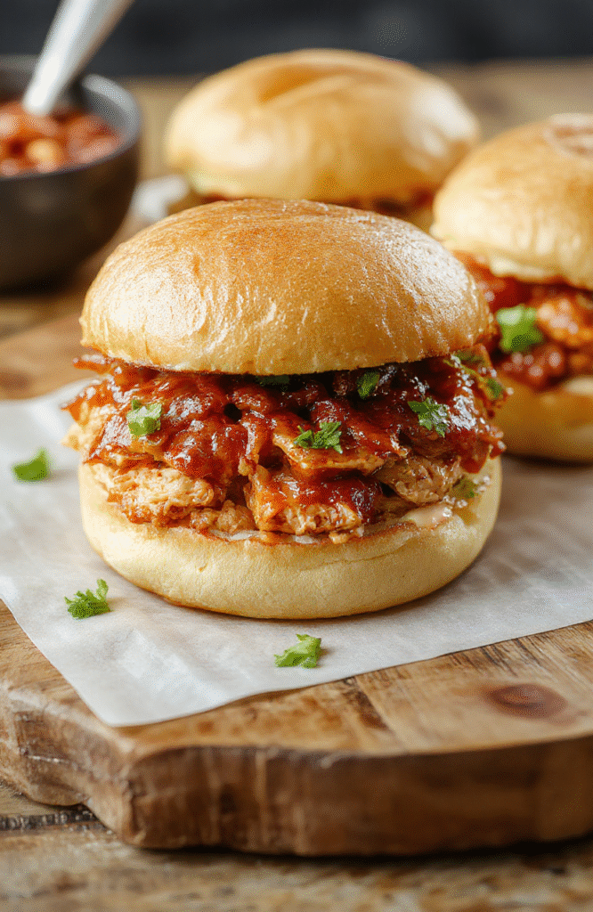 Golden-brown pulled chicken glisten with sticky sweet-smoky barbecue sauce, piled high on a toasted brioche bun with crisp pickle slices and fresh coleslaw sprinkled with cilantro. Background is rustic wooden table with soft focus.