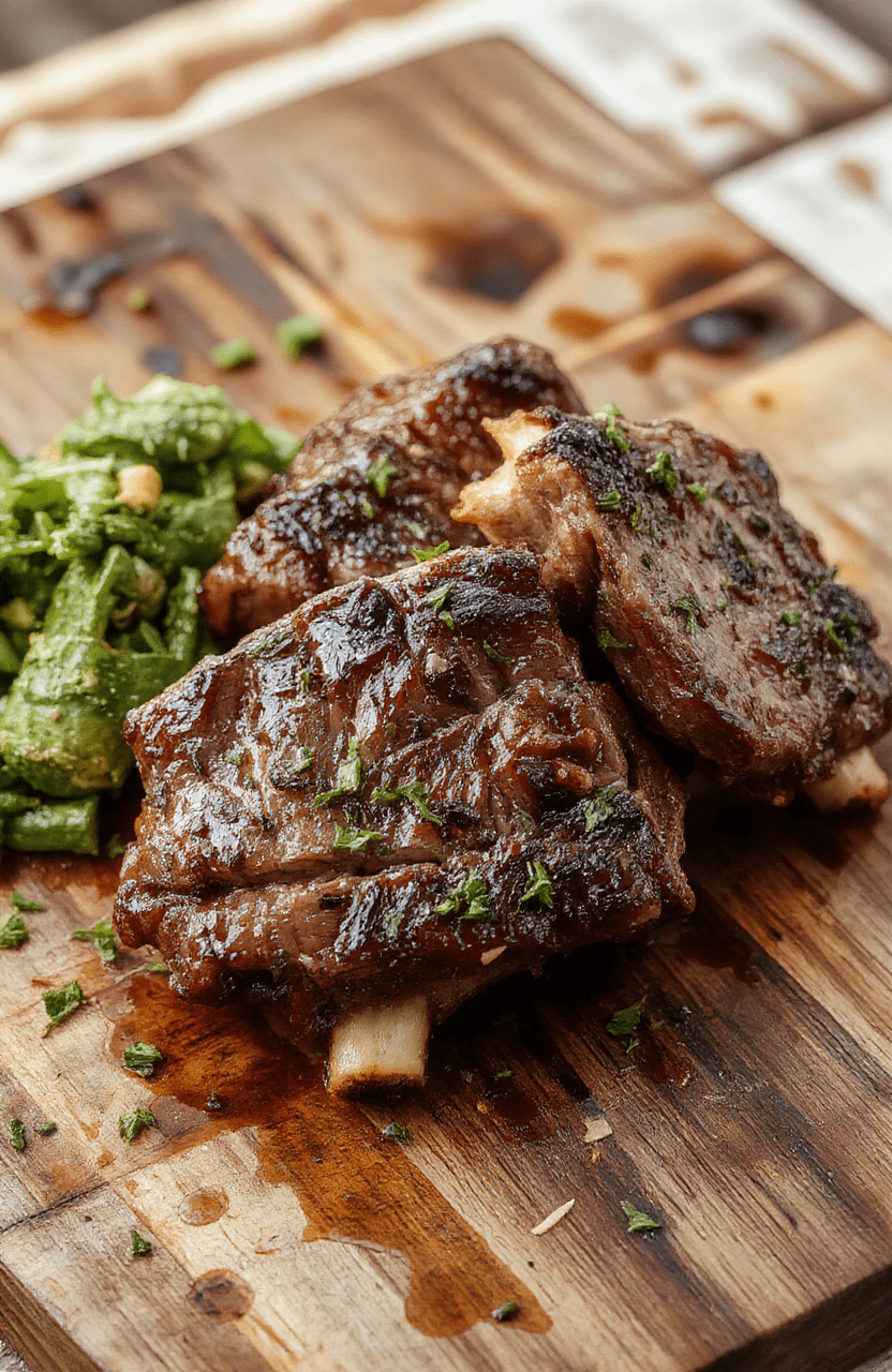 Glossy, fall-off-the-bone beef short ribs resting on a rustic wooden board, glistening with rich brown glaze, surrounded by roasted baby carrots and golden pearl onions, with a side of fresh rosemary sprigs and cracked black pepper