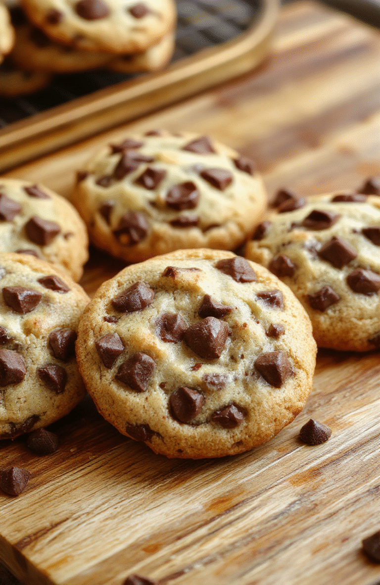 A golden-brown, thick and chewy chocolate chip cookie with a soft, gooey center, flecked with large chunks of semi-sweet and dark chocolate, sitting on a rustic wooden board beside a glass of cold milk, with subtle crumbs and melted chocolate streaks visible up close.