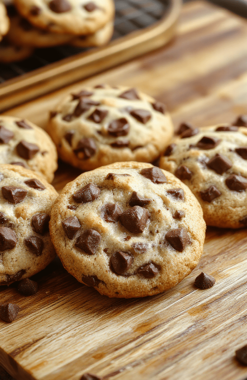 A golden-brown, thick and chewy chocolate chip cookie with a soft, gooey center, flecked with large chunks of semi-sweet and dark chocolate, sitting on a rustic wooden board beside a glass of cold milk, with subtle crumbs and melted chocolate streaks visible up close.