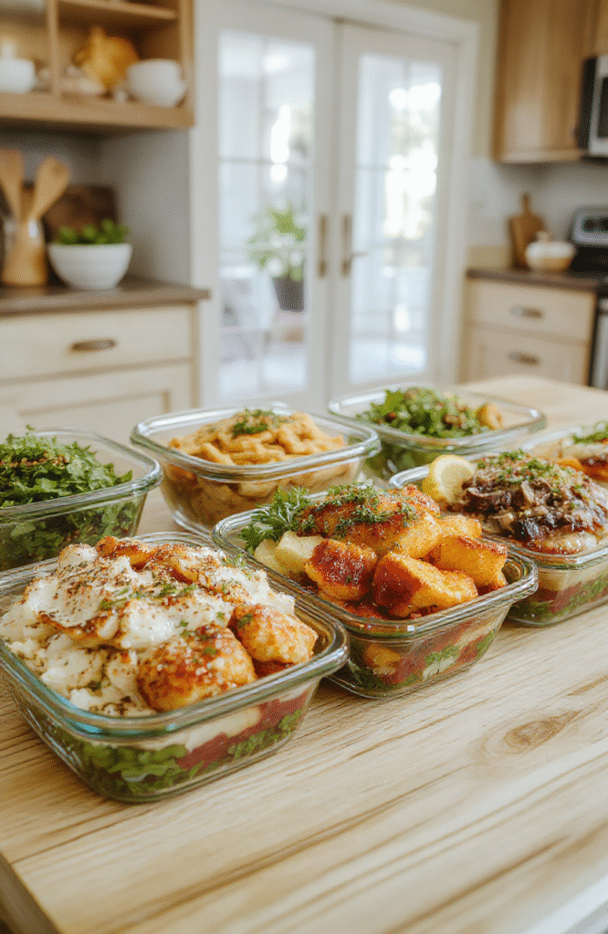 Overhead photo of organized bento-style meal prep containers on a wooden kitchen counter: brown rice, roasted chickpeas, sautéed greens, shredded chicken, and hard-boiled eggs arranged in colorful sections; natural light, rustic wooden spoon beside containers.