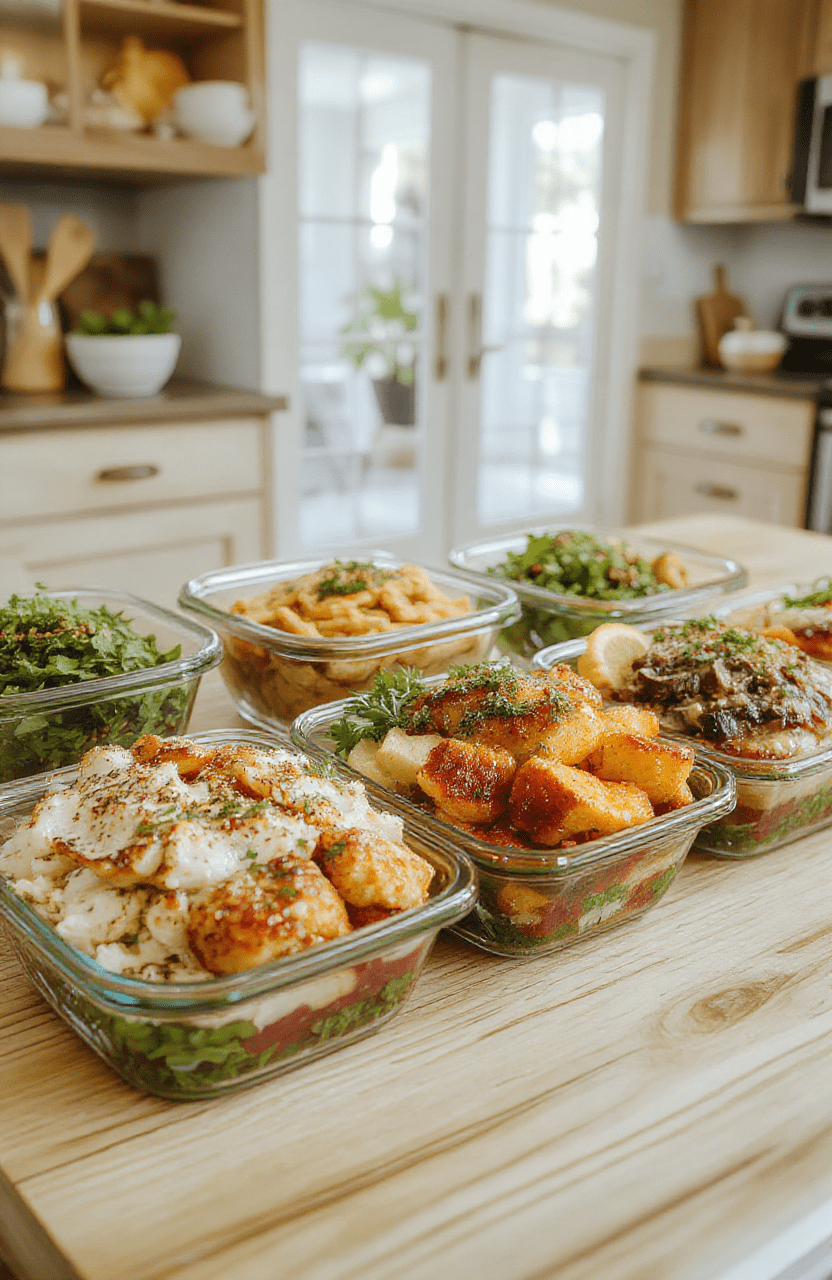Overhead photo of organized bento-style meal prep containers on a wooden kitchen counter: brown rice, roasted chickpeas, sautéed greens, shredded chicken, and hard-boiled eggs arranged in colorful sections; natural light, rustic wooden spoon beside containers.