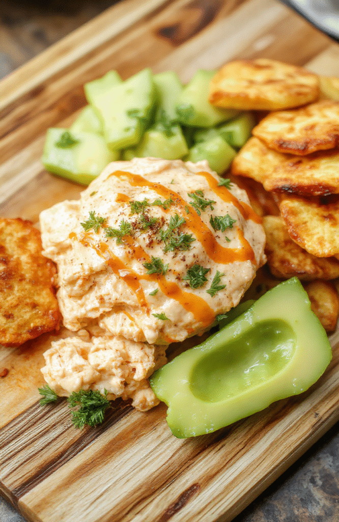 Bubbly, golden-brown buffalo chicken dip served in a rustic ceramic baking dish, topped with crumbled blue cheese and fresh chopped chives, surrounded by tortilla chips and celery sticks on a wooden board.