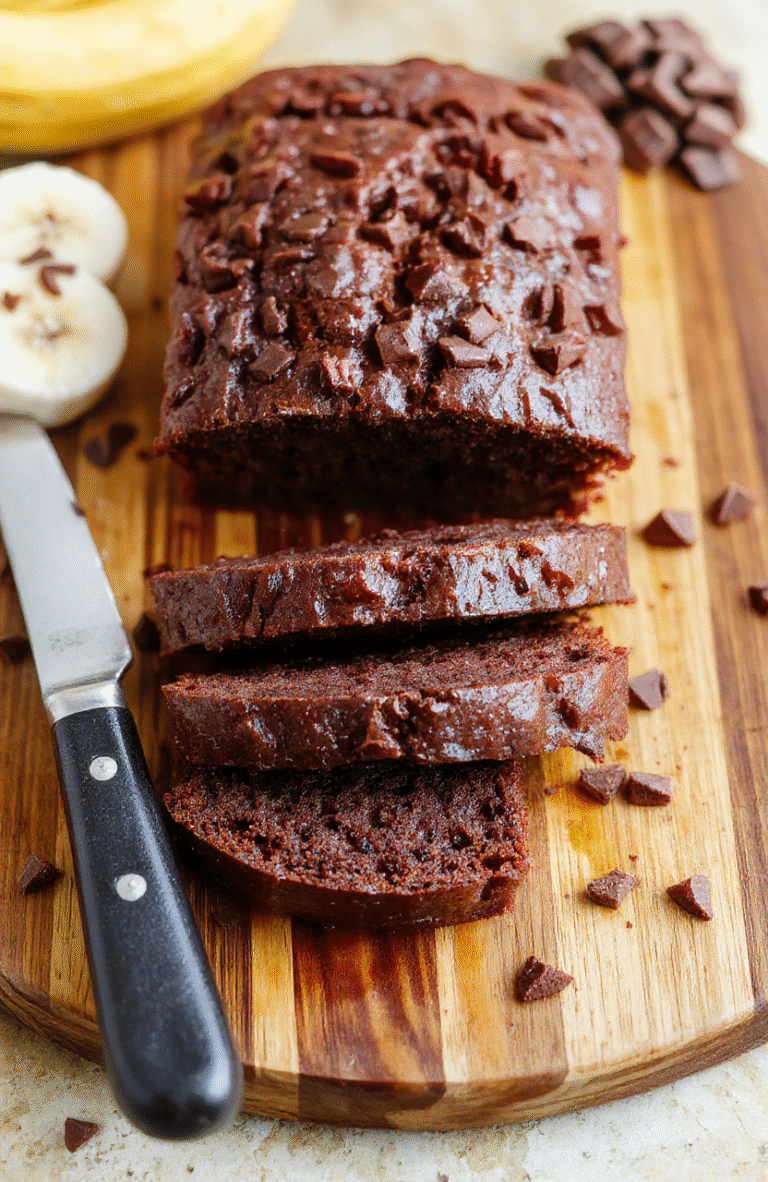 A rich, moist chocolate banana bread loaf sliced diagonally on a rustic wooden board, revealing a tender crumb with visible banana specks and melted chocolate pockets; dusted lightly with powdered sugar, topped with a drizzle of dark chocolate ganache and a handful of chopped walnuts, set against a soft natural backdrop with warm ambient lighting.