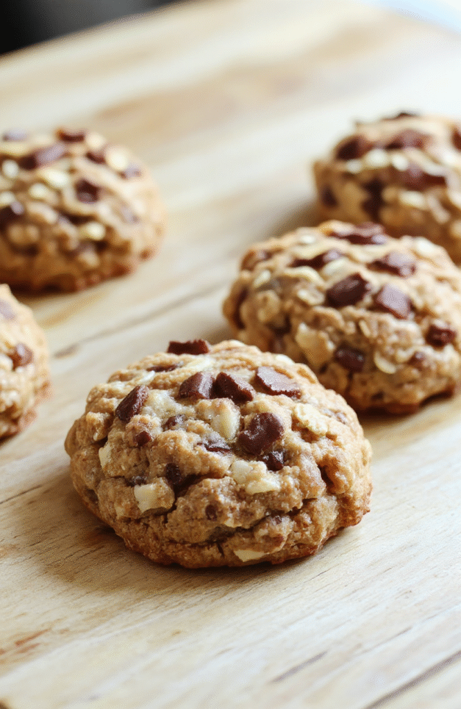 Golden brown banana oatmeal cookies cooling on a wire rack with oats visible, a sliced banana beside them and a drizzle of honey on a rustic wooden board under soft natural light.