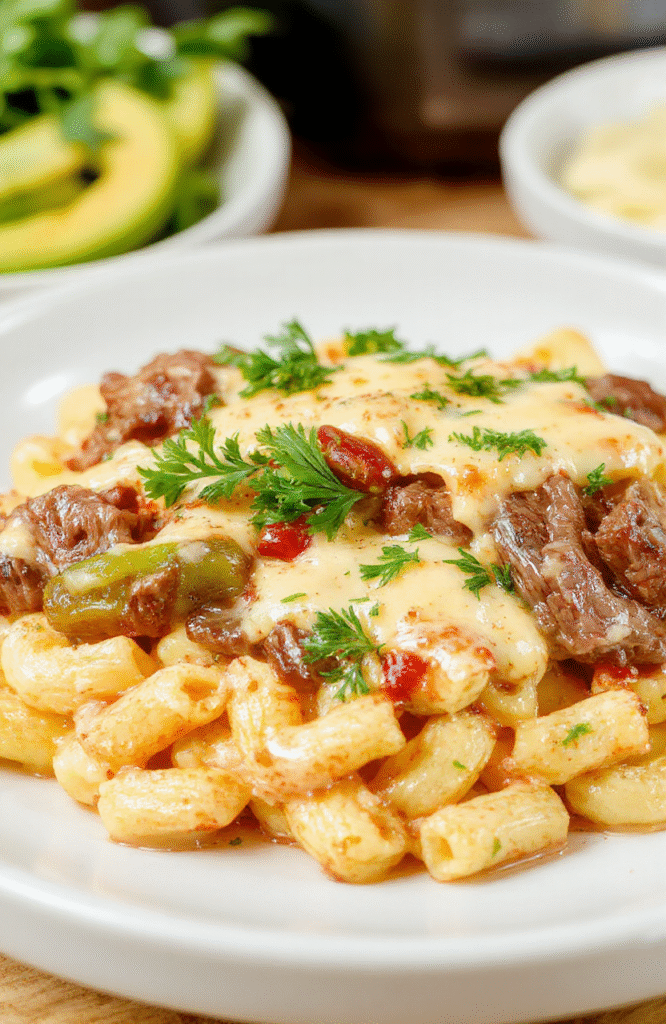 A hearty bowl of Cheesy Philly Cheesesteak Mac featuring al dente macaroni coated in a creamy cheese sauce with slices of seared steak, caramelized onions, and colorful bell peppers, topped with melted cheddar and provolone, finished with chopped parsley on a clean wooden table.