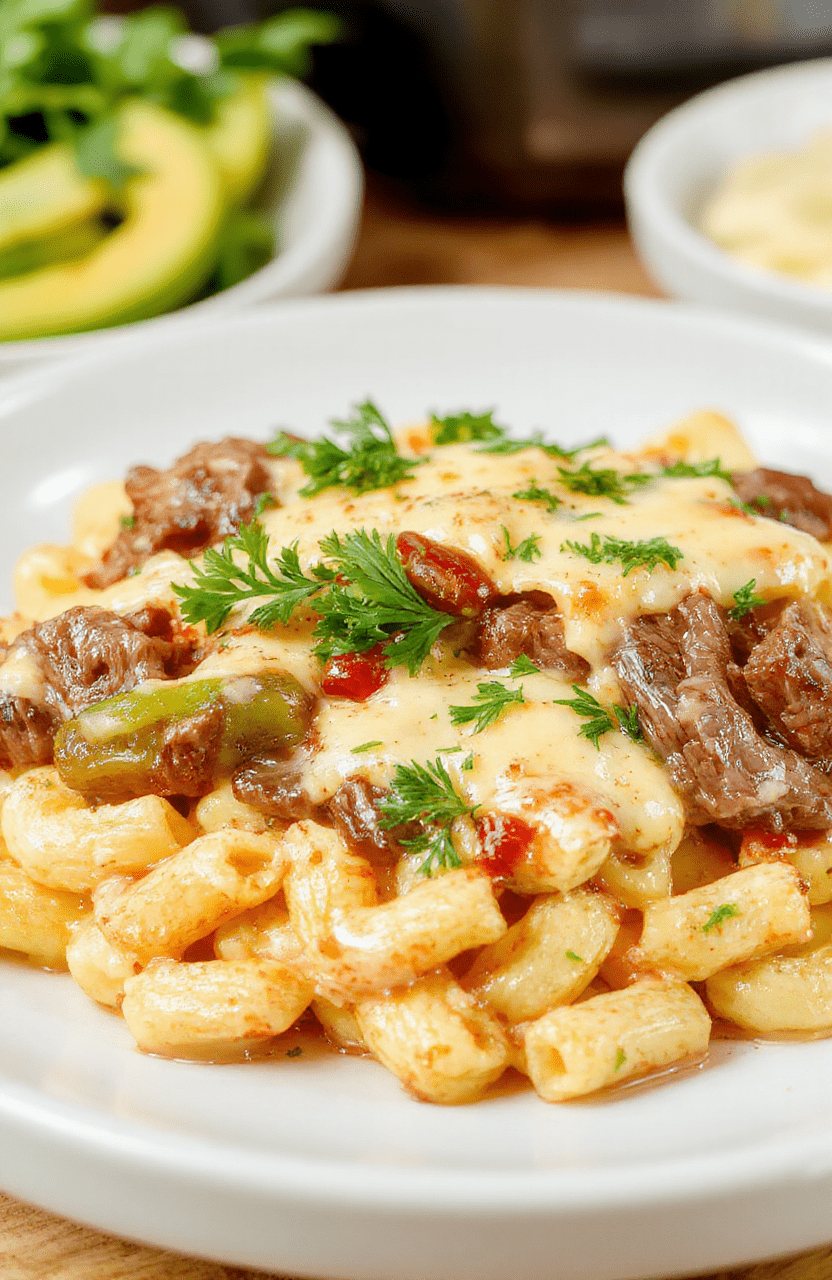 A hearty bowl of Cheesy Philly Cheesesteak Mac featuring al dente macaroni coated in a creamy cheese sauce with slices of seared steak, caramelized onions, and colorful bell peppers, topped with melted cheddar and provolone, finished with chopped parsley on a clean wooden table.