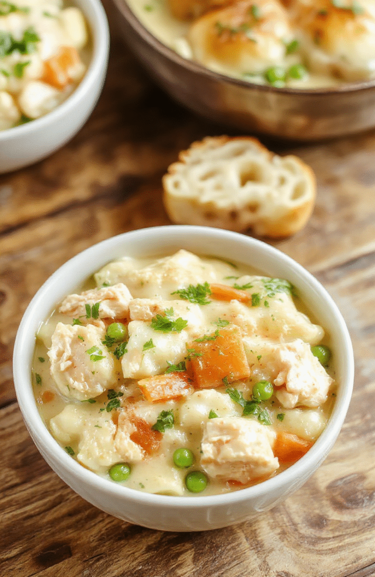 Creamy chicken pot pie pasta in a white bowl on a rustic wooden table, ribbons of pasta coated in velvety sauce with chunks of chicken, peas and carrots, finished with a light breadcrumb crumble and fresh herbs. Warm lighting and cozy kitchen vibes highlight the glossy sauce and creamy texture.