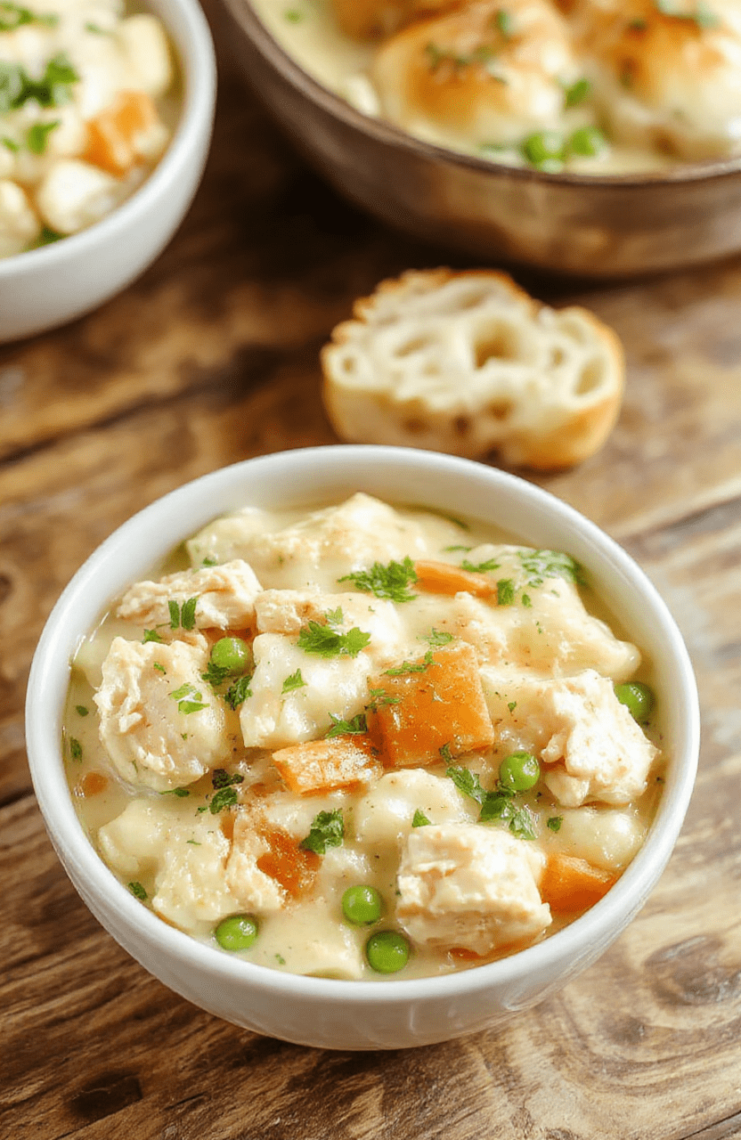 Creamy chicken pot pie pasta in a white bowl on a rustic wooden table, ribbons of pasta coated in velvety sauce with chunks of chicken, peas and carrots, finished with a light breadcrumb crumble and fresh herbs. Warm lighting and cozy kitchen vibes highlight the glossy sauce and creamy texture.