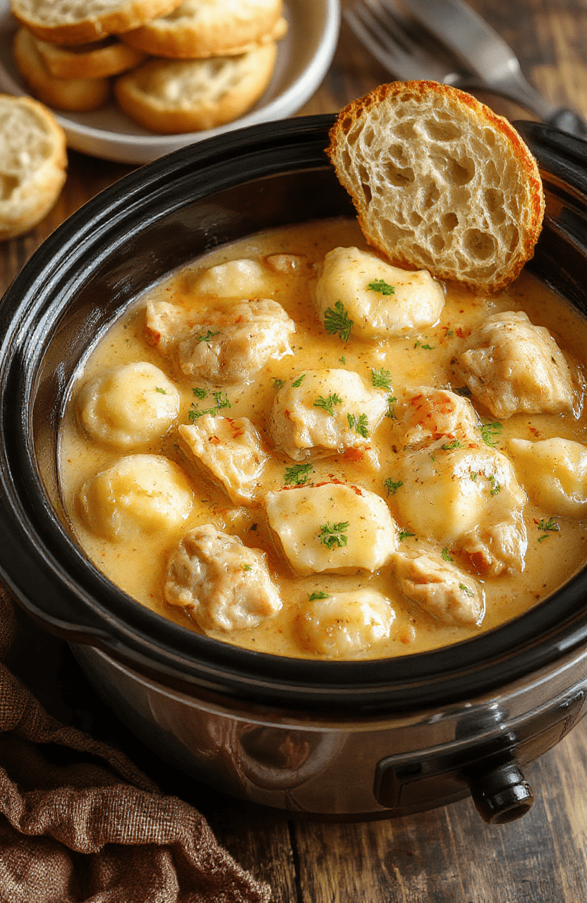 A steaming bowl of creamy Crockpot Chicken and Dumplings sits on a rustic wooden table, featuring fluffy dumplings, tender chicken, and a glossy velvety sauce. Garnished with chopped parsley and a wedge of crusty bread in the background.