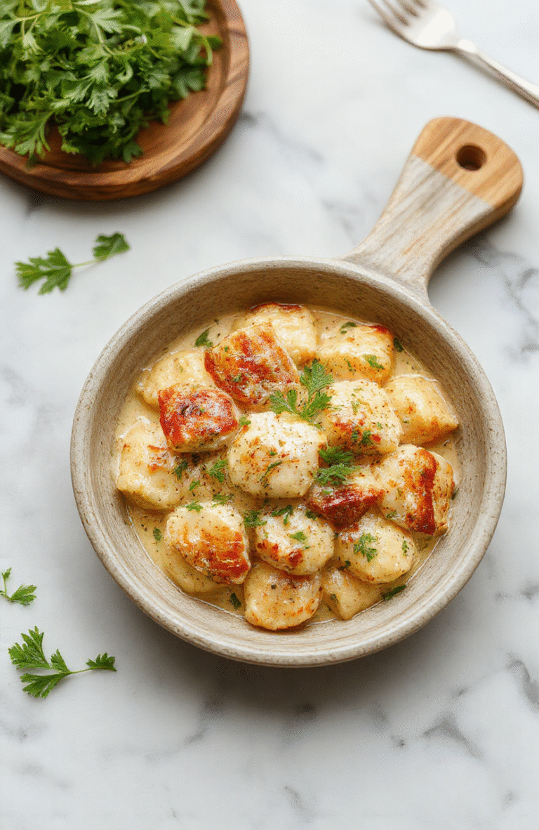 Creamy garlic chicken gnocchi plated in a shallow white bowl, the glossy garlic cream sauce coats plump gnocchi and bite-sized chicken pieces, garnished with chopped parsley and parmesan shavings. A lemon wedge, cracked pepper, and a few cherry tomatoes add color, all set on a light wooden table with a neutral linen backdrop.