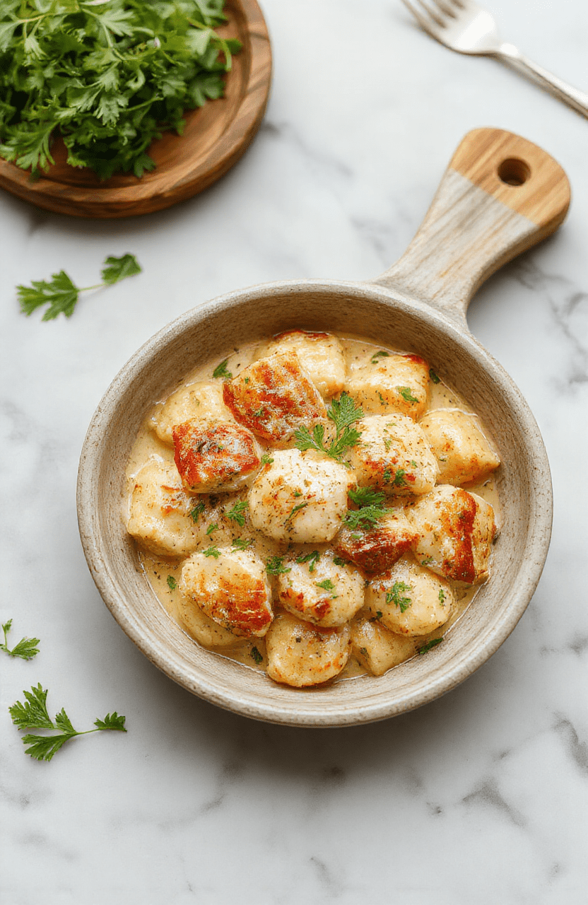 Creamy garlic chicken gnocchi plated in a shallow white bowl, the glossy garlic cream sauce coats plump gnocchi and bite-sized chicken pieces, garnished with chopped parsley and parmesan shavings. A lemon wedge, cracked pepper, and a few cherry tomatoes add color, all set on a light wooden table with a neutral linen backdrop.