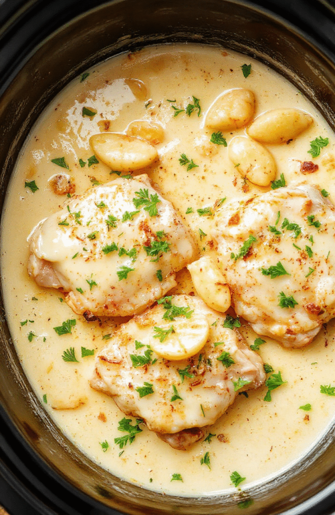 Creamy Crockpot Garlic Parmesan Chicken in a white bowl, glossy parmesan sauce, tender slices of chicken, garlic flecks, parmesan shavings, and a sprig of parsley on a warm wooden table.