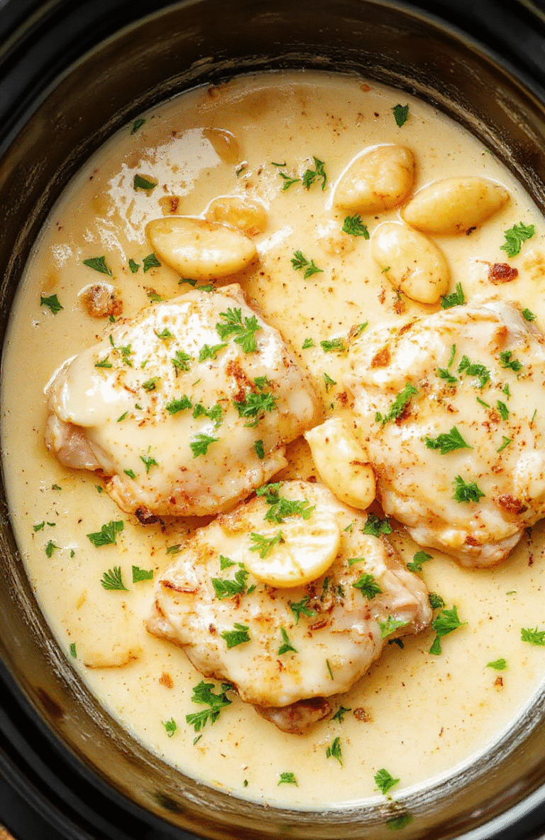 Creamy Crockpot Garlic Parmesan Chicken in a white bowl, glossy parmesan sauce, tender slices of chicken, garlic flecks, parmesan shavings, and a sprig of parsley on a warm wooden table.