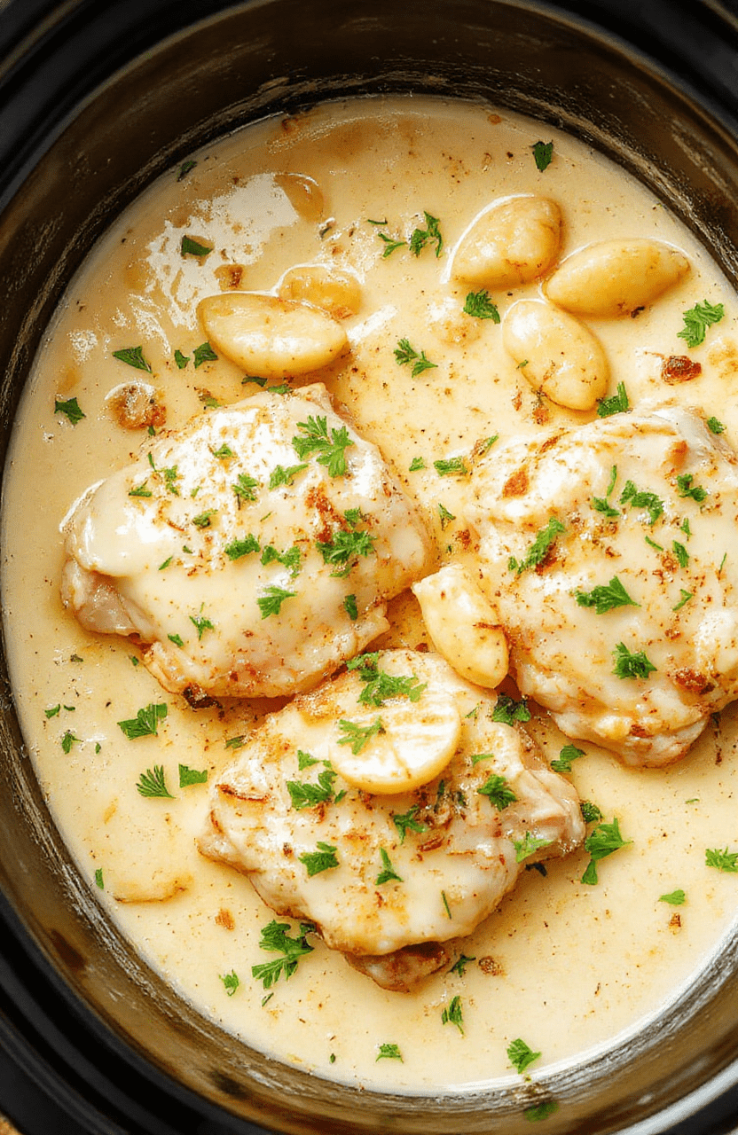 Creamy Crockpot Garlic Parmesan Chicken in a white bowl, glossy parmesan sauce, tender slices of chicken, garlic flecks, parmesan shavings, and a sprig of parsley on a warm wooden table.