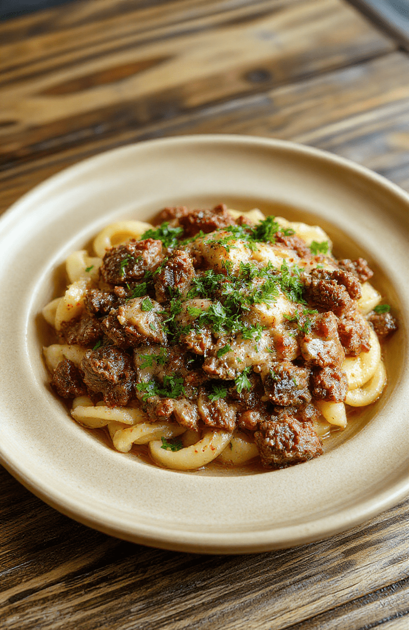 Creamy ground beef orzo plated on a cream-colored dish with parmesan shavings, golden-brown beef crumbles, orzo coated in a creamy sauce, wilted spinach and a sprinkle of parsley on a warm wooden table.