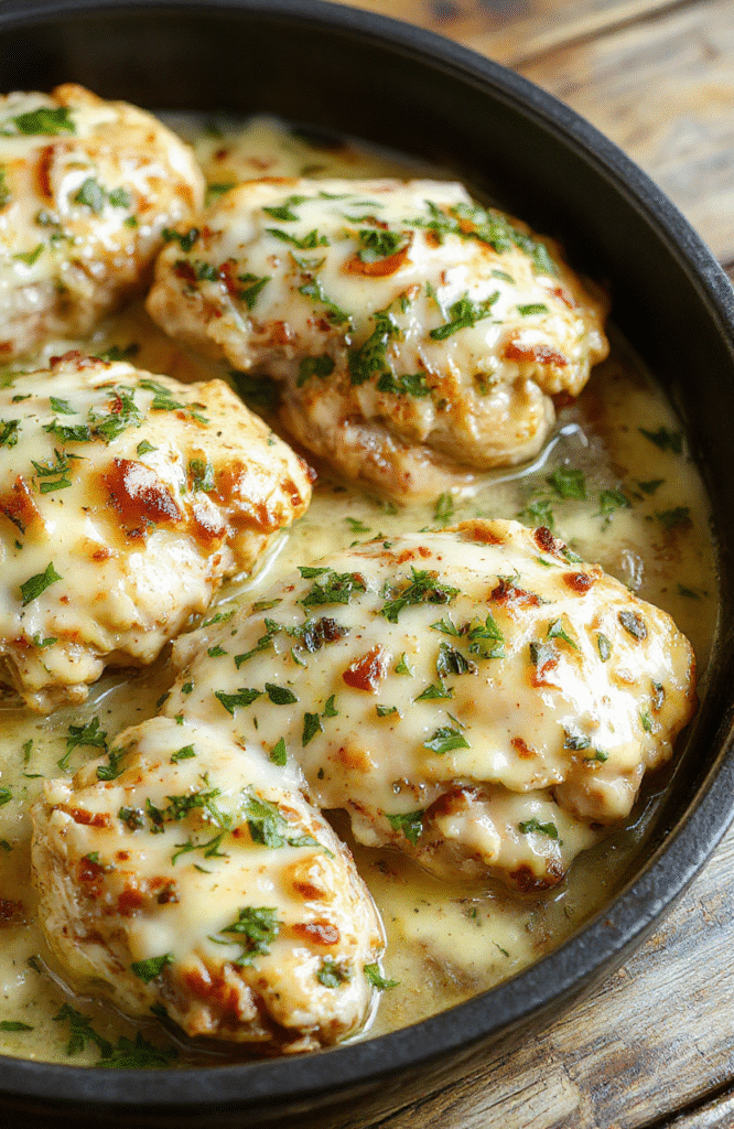 Golden brown chicken thighs roasted in a creamy herb sauce, nestled in a single skillet with caramelized garlic, thyme, and rosemary. The dish is plated with a bright lemon wedge and a sprinkle of chopped parsley on a warm wooden table, creamy sauce shimmering over the chicken, with roasted vegetables in the background.