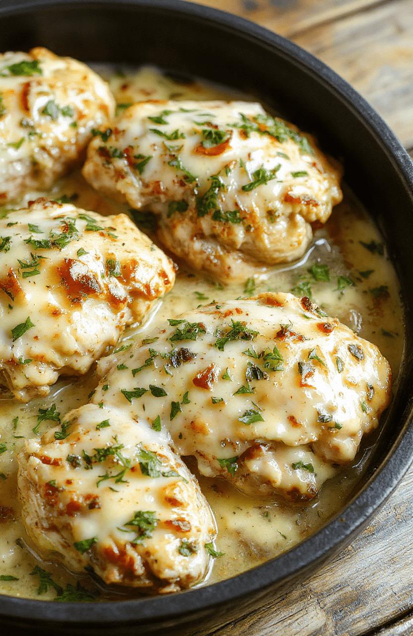 Golden brown chicken thighs roasted in a creamy herb sauce, nestled in a single skillet with caramelized garlic, thyme, and rosemary. The dish is plated with a bright lemon wedge and a sprinkle of chopped parsley on a warm wooden table, creamy sauce shimmering over the chicken, with roasted vegetables in the background.