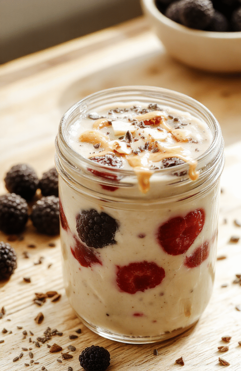 A silky vanilla cream pudding in a clear glass cup, topped with fresh berries and chia seeds, a drizzle of almond butter, on a light marble surface with a wooden spoon nearby, soft natural light, tactile textures, fresh fruit, clean plating.