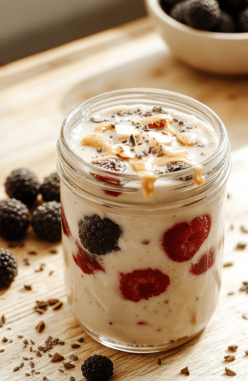 A silky vanilla cream pudding in a clear glass cup, topped with fresh berries and chia seeds, a drizzle of almond butter, on a light marble surface with a wooden spoon nearby, soft natural light, tactile textures, fresh fruit, clean plating.