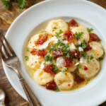 A creamy, rich gnocchi dish with crispy pancetta, tossed in a velvety Parmesan sauce, plated on a white round plate with chopped parsley, on a rustic wood table, with a sprinkle of cracked pepper and shaved parmesan for garnish.