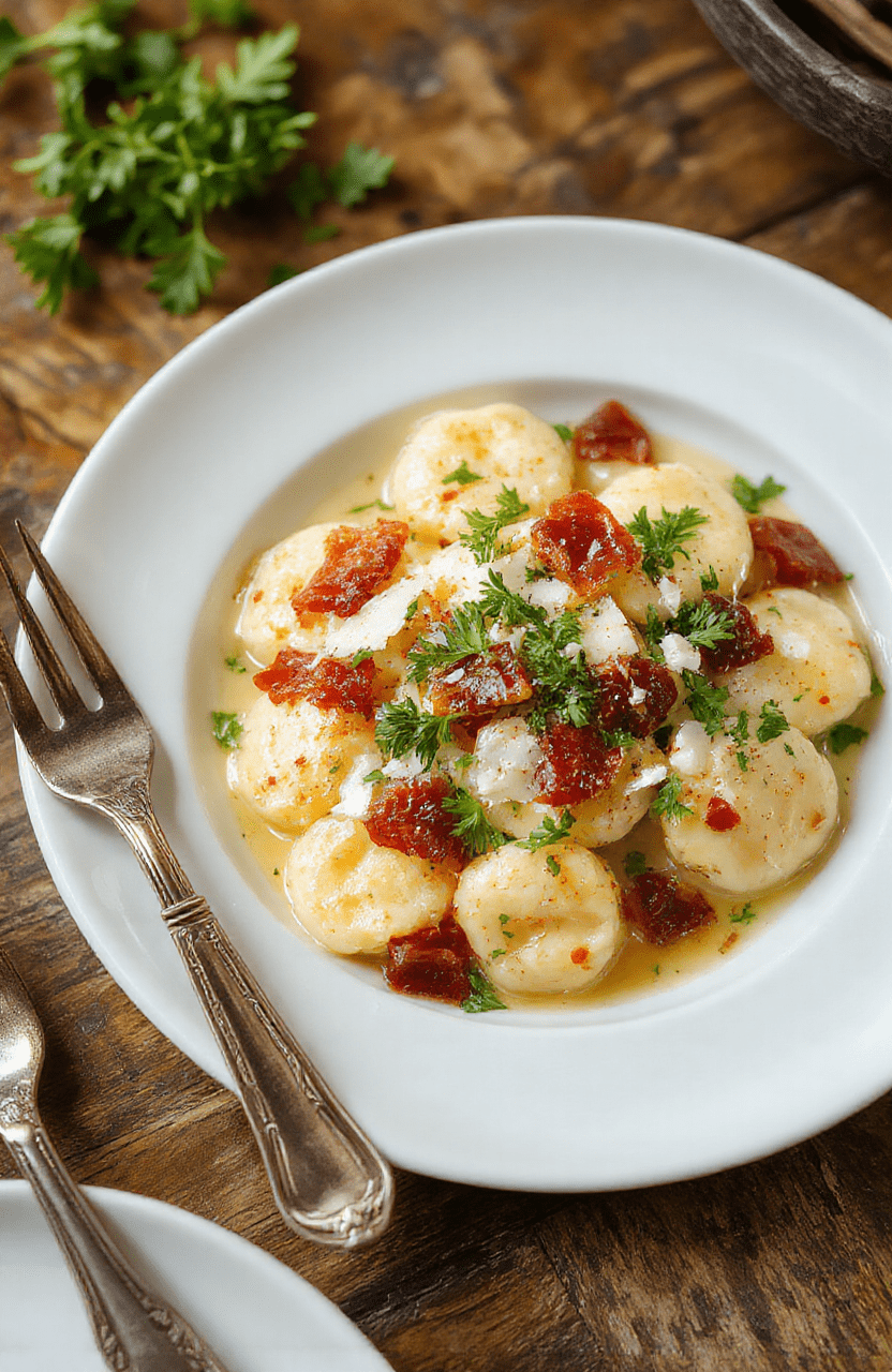 A creamy, rich gnocchi dish with crispy pancetta, tossed in a velvety Parmesan sauce, plated on a white round plate with chopped parsley, on a rustic wood table, with a sprinkle of cracked pepper and shaved parmesan for garnish.