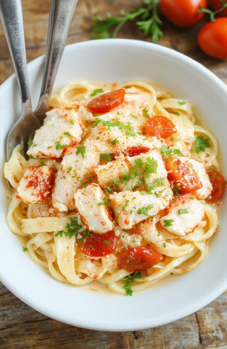 A plate of creamy Monterey chicken spaghetti twirled on a white plate, ribbons of pasta coated in a pale cream sauce, with chunks of chicken, melted Monterey Jack, and a sprinkle of parsley. Bright cherry tomatoes and a light dusting of Parmesan add color on a rustic wooden table with natural daylight.