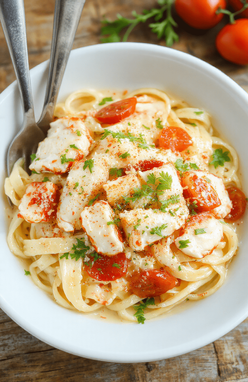 A plate of creamy Monterey chicken spaghetti twirled on a white plate, ribbons of pasta coated in a pale cream sauce, with chunks of chicken, melted Monterey Jack, and a sprinkle of parsley. Bright cherry tomatoes and a light dusting of Parmesan add color on a rustic wooden table with natural daylight.