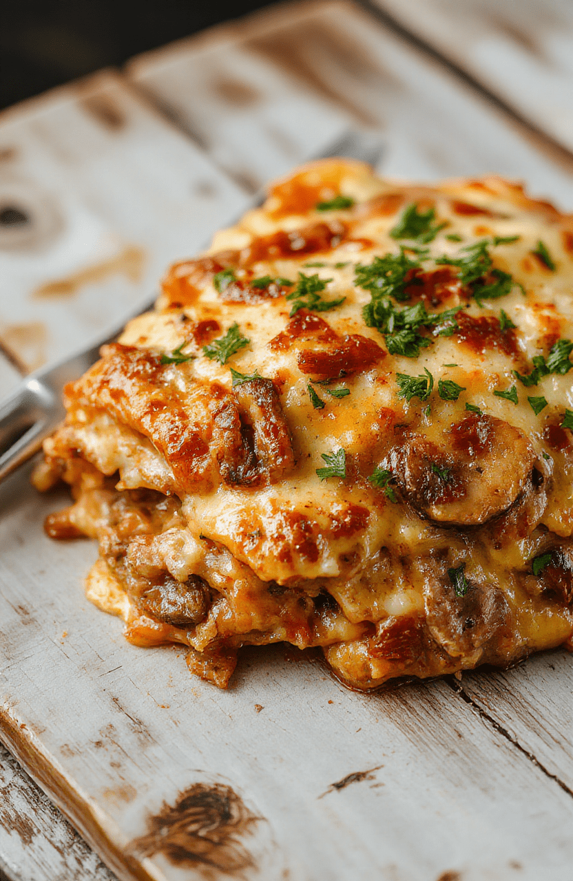 Creamy Mushroom Lasagna on a white plate, bubbling edges with melted mozzarella and parmesan, visible layers of creamy white sauce, sautéed mushrooms, and spinach. Garnished with parsley, a light olive oil drizzle, and served on a rustic wooden table under natural daylight.
