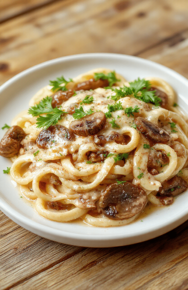 A creamy mushroom Gruyere pasta on a white plate, ribbons of pasta coated in silky sauce, sautéed brown mushrooms arranged on top, a sprinkle of chopped parsley, melted cheese edges, and a warm wooden table setting with a glass of white wine in the background.