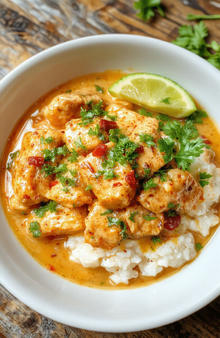 Creamy Thai Peanut Chicken served over steamed jasmine rice in a white bowl, the sauce glossy and peanut-rich, chicken pieces coated in creamy coconut-peanut sauce, with red bell pepper slices, fresh cilantro, and a lime wedge. The dish sits on a dark wood surface with a small bowl of chopped peanuts nearby, warm daylight highlighting textures and colors.