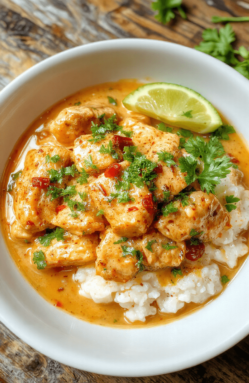 Creamy Thai Peanut Chicken served over steamed jasmine rice in a white bowl, the sauce glossy and peanut-rich, chicken pieces coated in creamy coconut-peanut sauce, with red bell pepper slices, fresh cilantro, and a lime wedge. The dish sits on a dark wood surface with a small bowl of chopped peanuts nearby, warm daylight highlighting textures and colors.