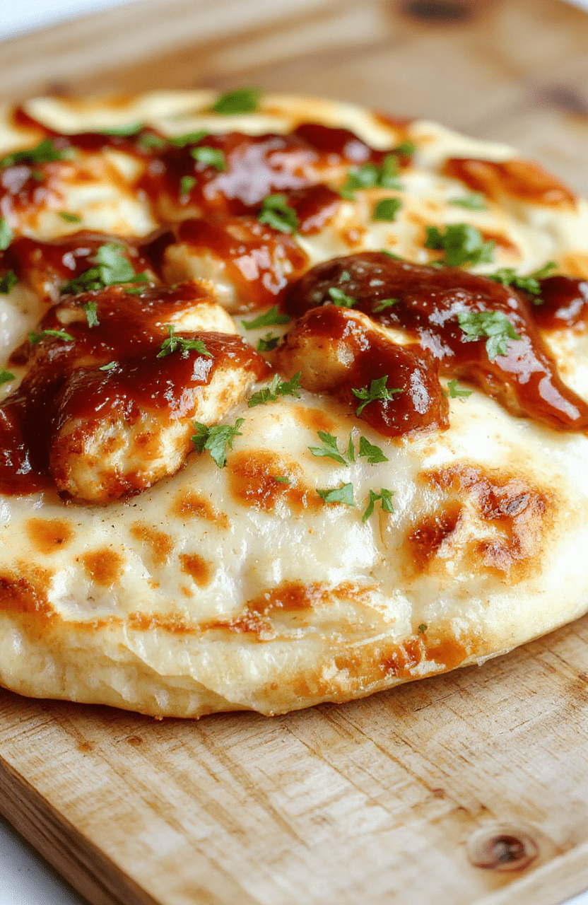 Golden-brown crispy flatbread topped with smoky BBQ chicken, melted mozzarella, red onion, and cilantro on a light slate board; glossy BBQ glaze highlights the edges and cheese, with a rustic, inviting vibe.