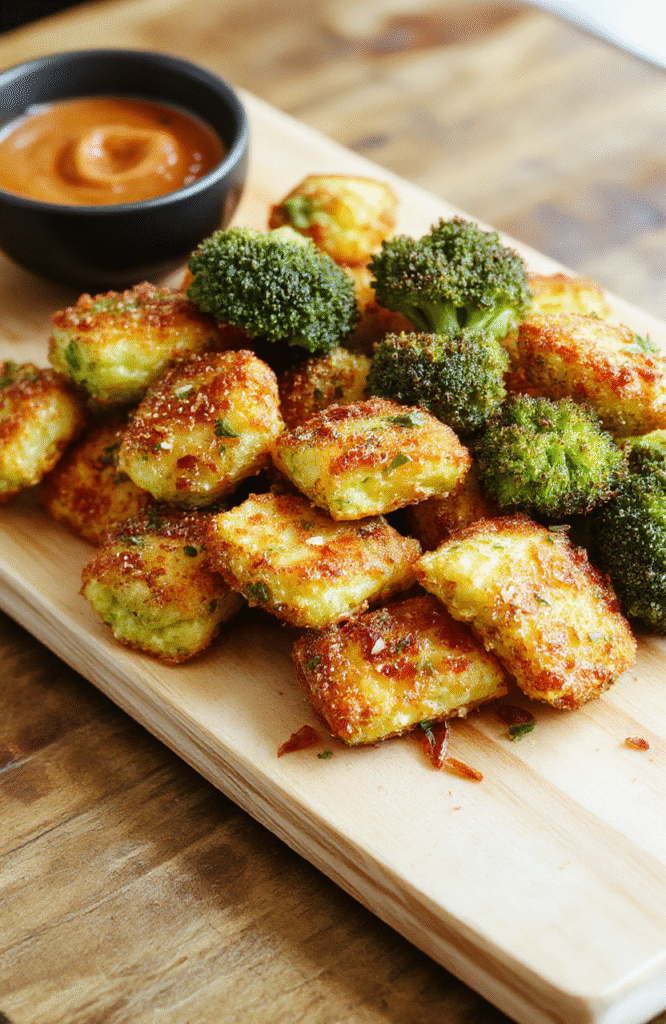 Bright green broccoli tots golden-brown on a light wooden board, sprinkled with parmesan and sesame seeds, served with a yogurt-dipping sauce, lemon wedge, scattered parsley, a light crisp texture, and fresh herbs.