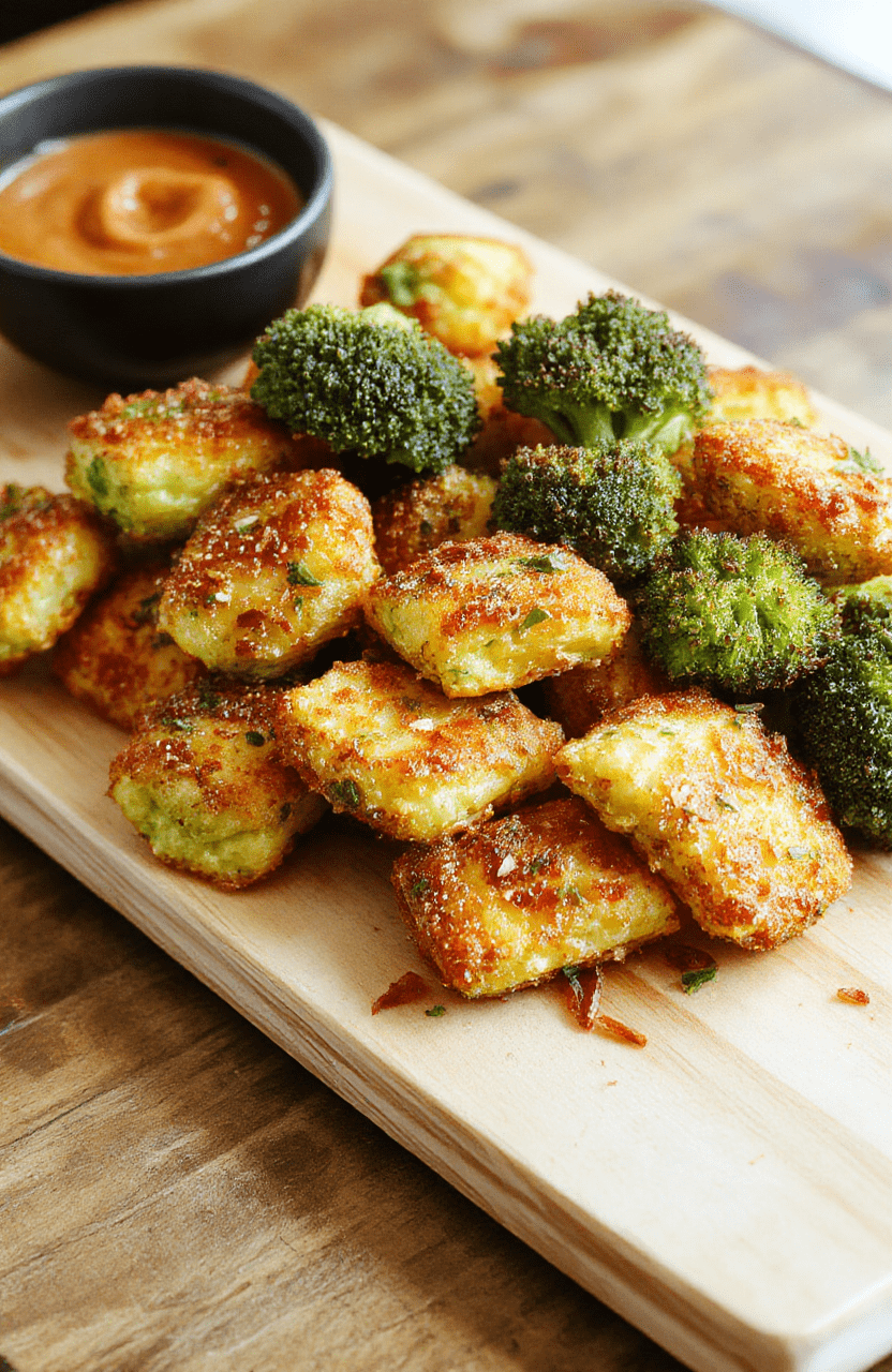 Bright green broccoli tots golden-brown on a light wooden board, sprinkled with parmesan and sesame seeds, served with a yogurt-dipping sauce, lemon wedge, scattered parsley, a light crisp texture, and fresh herbs.