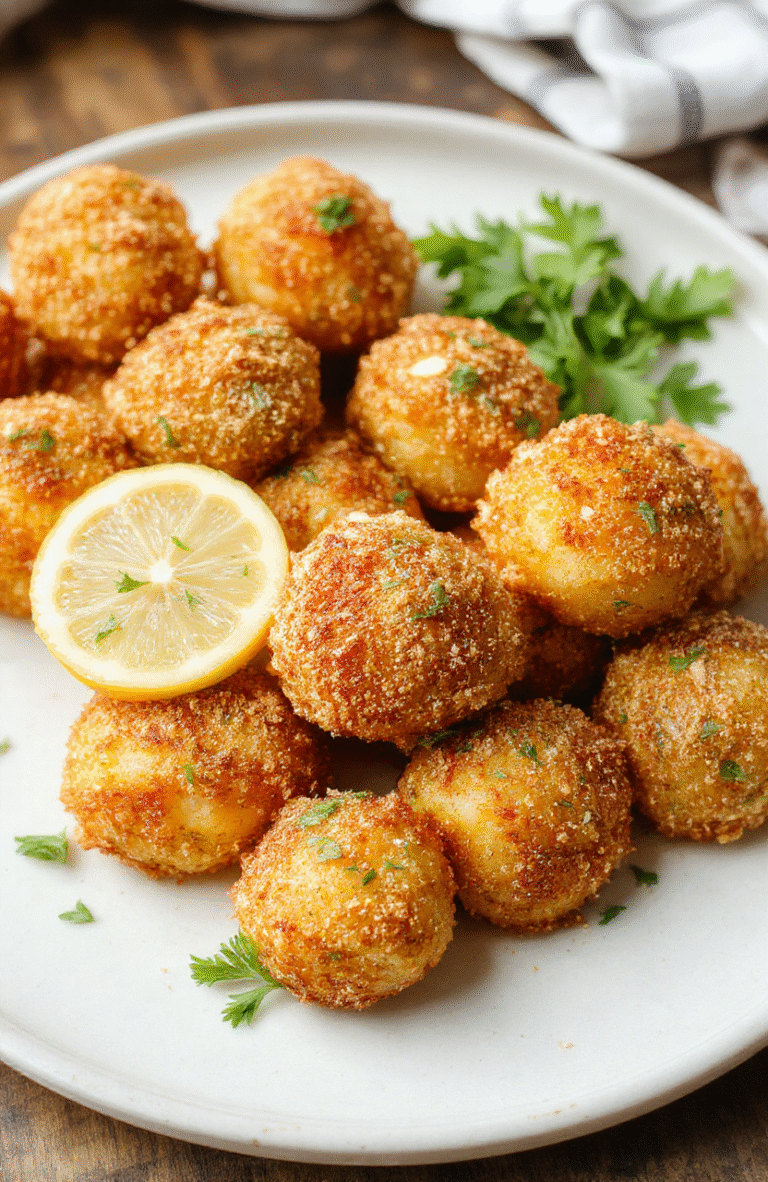 Golden-brown crispy potato balls with garlic and parmesan, garnished with chopped parsley on a clean white plate, with a small bowl of dipping sauce and a lemon wedge in the background.