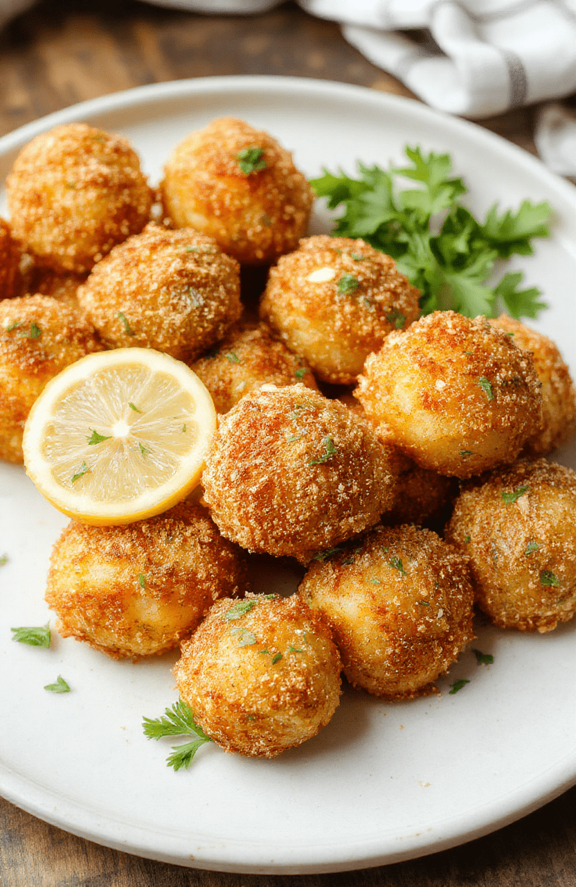 Golden-brown crispy potato balls with garlic and parmesan, garnished with chopped parsley on a clean white plate, with a small bowl of dipping sauce and a lemon wedge in the background.
